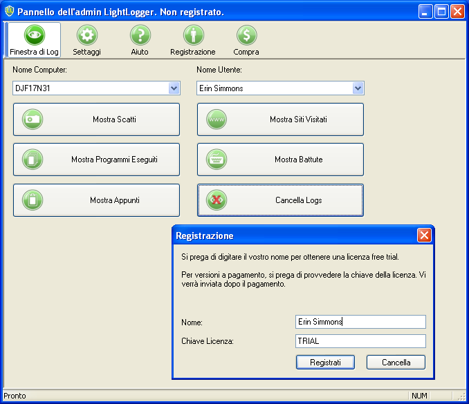 LightLogger Keylogger Registrazione Finestra di Dialogo