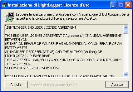 LightLogger Keylogger Finestra di Dialogo Accordo di Licenza