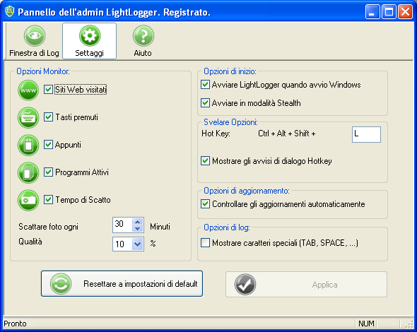 LightLogger Keylogger Settaggi Pagina