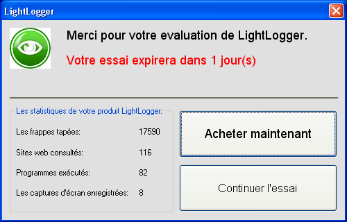 LightLogger Keylogger Statistiche Finestra di Dialogo