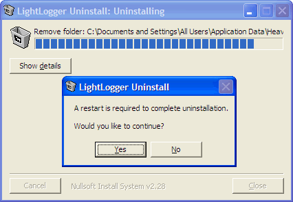 LightLogger Keylogger Finestra di Dialogo Conferma Disinstallazione