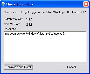 LightLogger Keylogger Controlla Aggiornamenti Finestra di Dialogo