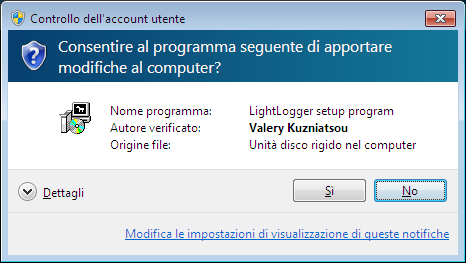 LightLogger Keylogger Dialogo Conto Utente (UAC)