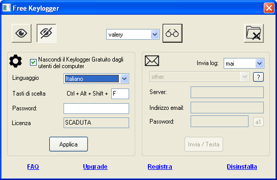 Pagina di impostazioni del Keylogger Gratuito
