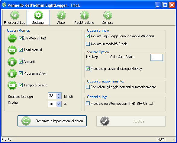 LightLogger Scheda Impostazioni